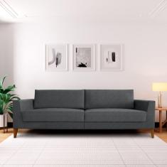 Sofá 3 Lugares 210cm Break Estilo Moderno Linho Pés em Madeira Maciça Cinza Claro/Cinza Cinza