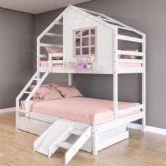 Treliche Casinha com Janela Casal/Solteiro com Escada/Escorregador Madeira Maciça Branco/ Rosa Housin