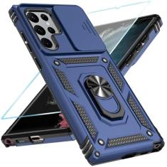 SunStory Capa de celular para Samsung Galaxy S22 Ultra 5G com protetor de tela HD e capa de câmera deslizante e suporte de anel girado, [grau militar] [2 em 1] capa de telefone para Galaxy S22 Ultra