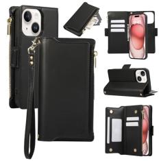 Capa carteira para iPhone 13, bolso com zíper magnético [destacável] capa de couro flip com 6 compartimentos para cartão e 1 compartimento para dinheiro, [bloqueio RFID] capa com alça de pulso e