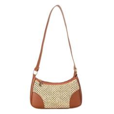 Bolsa de palha e couro pu retangular pequena feminina zíper - Modas Fa