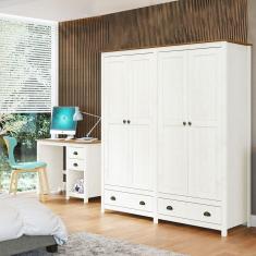 Conjunto Quarto: Guarda-Roupa 4 Portas, Escrivaninha 2 Gavetas Topázio Branco/Freijó Madeira Pinus - Finestra