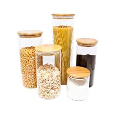 Oikos - Kit 5 Potes de Vidro com Tampa de Bambu Herméticos Redondos