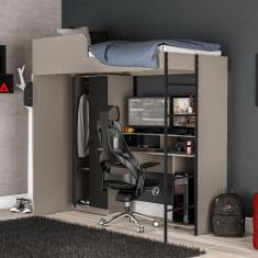 Cama Suspensa Multifuncional com Mesa Gamer 2 Portas Konza Politorno Cinza/Preto
