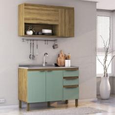 Cozinha Modulada 2 Peças 1 Aéreo 1 Balcão Magnólia Mel/Verde