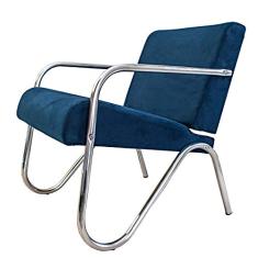 Poltrona Decorativa Azul Suede Braços de Metal Gigante Móveis