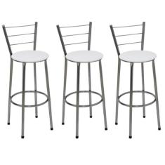 Kit 3 Banquetas Altas Cromada com Encosto Assento Branco - Jaddi