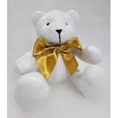 Urso articulado pelúcia branca g. 34cm laços variados nichos decoração