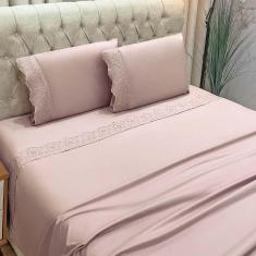 Jogo De Cama Lençol Bella Casal 4 Peças Micropercal 300 Fios Bordado Inglês Macio Rosê 100% Poliéster