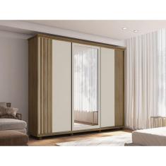 Guarda Roupa Casal com Espelho 3 Portas de Correr 4 Gavetas Espanha Cinamomo/Off White