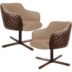 Kit 02 Poltronas Giratória Base X Jade D02 Linho Bege C-129 Tressê Mat