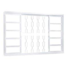Janela de Aço de Correr 120x150cm 4 Folhas com Grade Elo e Vidro Liso Minas Sul Mgm Branco