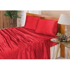 Jogo De Lençol Casal Queen Cetim Seda Vermelho 4 Peças
