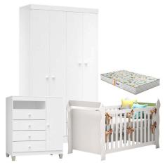 Quarto De Bebê 4 Portas Ternura Baby Com Berço Lara Branco Brilho Com Colchão Gazin - Incorplac