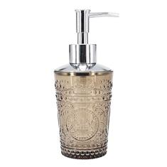 PORTA SABONETE LIQUIDO VIDRO DETALHADO BEGE/CROMADO 18CM HJ0032