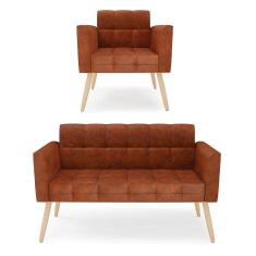 Kit 1 Sofá Namoradeira e 1 Poltrona Elisa Corano Pés Palito Natural - D`Rossi