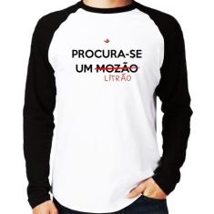 Camiseta Raglan Procura-se um Litrão Manga Longa - Foca na Moda, Branc