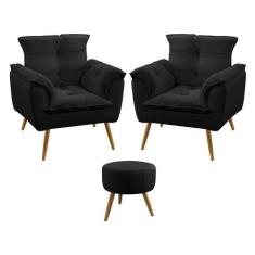 Kit 2 Poltronas Decorativas Beta e Puff Solar Sued Preto Aradecor, Pre