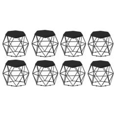 Kit 08 Puff Banqueta Aramado Mila Base Preta Hexágono Suede Preto - DA