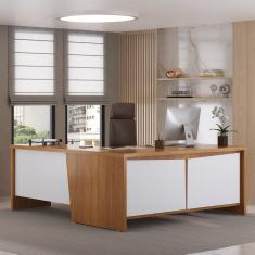 Mesa para Escritório em L Chefia com 2 Portas 3 Gavetas em Tamburato Y37 Freijó Com Branco