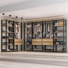 Guarda-roupas Closet Modulado 405cm 6 Peças com 6 Gavetas e Cabideiros Multimóveis Mp4322 Preto/madeirado