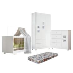 Quarto de Bebê Berço Mini Cama com Colchão, Cômoda 1 Porta 4 Gavetas e Roupeiro 3 Portas 2 Gavetas Branco