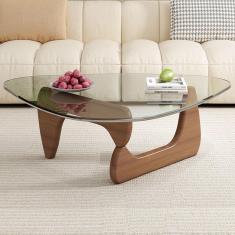 Mesa de centro de vidro triangular, mesa final de vidro preto vintage, mesa final moderna com base de madeira maciça para sala de estar, pátio, escritório, pernas de nogueira + c, 83 × 57 ×