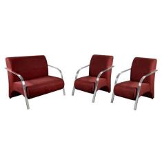 Conjunto Poltrona Decorativa Vênus Braço Alumínio Kit 3 Peças Suede