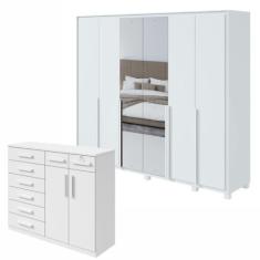 Conjunto de Guarda-roupa 6 Portas com Espelho e Pés Imperatore com Cômoda Toronto Branco