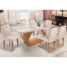 Mesa Alvorada 180 Tp Mdf Vidro Canto Reto 6 Cadeiras Rufato Veludo Creme Off White Imbuia/Serig