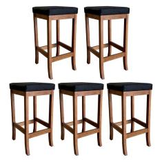 Kit 5 Banquetas Altas Estofadas Barcelona 74 Cm Madeira Maciça Suede Preto CCS