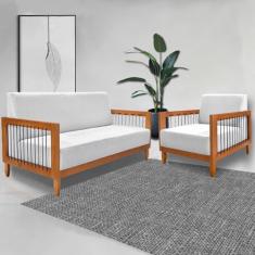 Conjunto Sofá Namoradeira e Poltrona Sala de Estar Pés Madeira Maciça Corda Náutica Preta Manila Linho Cinza Rústico G63 - Gran Belo