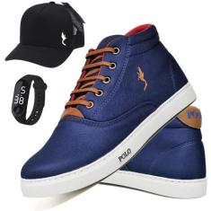 Tênis Masculino Casual Cano Alto + Boné + Relógio Kit 3 - Polo Blu, Az