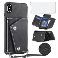 Asuwish Capa de telefone para iPhone X 10 capa carteira com protetor de tela de vidro temperado e suporte para cartão de crédito alça transversal acessórios de celular de couro iPhoneX iPhone10 i