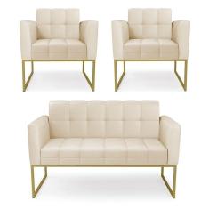 Kit 1 Sofá Namoradeira E 2 Poltronas Elisa Corino Bege Base Metálica Industrial Dourado - D`rossi