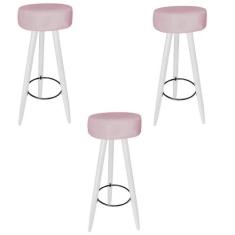 Kit 03 Banqueta Alta Flora Pés Palito em Madeira Branco para Bar Bistr
