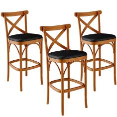 Kit 03 Banquetas Altas Cozinha Ávila L02 Madeira Maciça Assento Courino Preto Lyam Decor