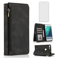 Compatível com carteira Google Pixel XL, protetor de tela de vidro temperado e zíper de couro retrô, suporte para cartão, acessórios para celular para Pixle 1 XL One Pixel1 1XL 2016 feminino masculino