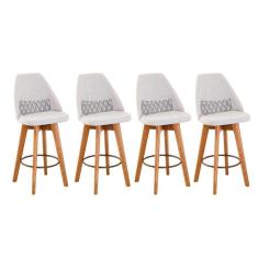 Kit 04 Banquetas Alta Maya Giratória Com Encosto Gourmet Linho Bege e Almofada Zigzag - Aurora Line