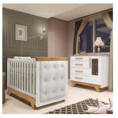 Quarto de Bebê Berço com Capitonê e Cômoda com Janelas 100% Mdf Retrô Kakau Espresso Móveis Branco Brilho/Amêndoa/Branco