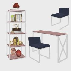 Kit Escritório Bex 2 Cadeiras Suede Azul Marinho com 1 Mesa e 1 Livreiro Ferro Branco mdf Rose Rosa - Ahazzo Móveis