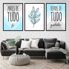 Kit 03 Quadros Decorativos Fé E Gratidão Azul E Cinza - Quadros On-Lin