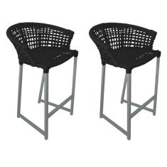 Kit 2 Banquetas Reis Em Corda Náutica E Base Em Alumínio Cinza Para área Gourmet Externa Preta Preto