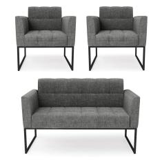 Kit 1 Sofá Namoradeira E 2 Poltronas Linho Base Metálica Industrial Preto - D`rossi Cor A26 Grafite