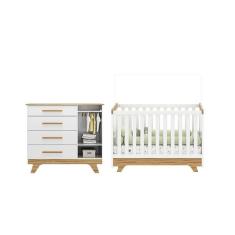 Quarto De Bebê Com Berço 2 Em 1 E Cômoda 100% Mdf Kakau Retrô Espresso Móveis Branco Brilho amêndoa