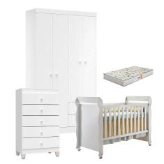 Quarto De Bebê 4 Portas Com Gaveteiro Ternura Baby E Berço Mirelle Branco Brilho Com Colchão Gazin - Incorplac