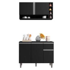 Balcão De Cozinha E Armário Aéreo Vanessa Preto Fosco - Ajl - AJL MÓVE