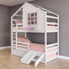 Treliche Casinha com Janela com Escada/ Escorregador e Grade de Proteção Madeira Maciça Branco/ Rosa Housin