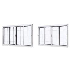 Kit com 2 Janelas de Aço de Correr Central 100x120cm 4 Folhas com Grade Quadriculada e Vidro Liso Branco
