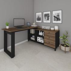 Escrivaninha para Escritório em L 3 Gavetas 4 Nichos Home Office Artany Ipê/Preto